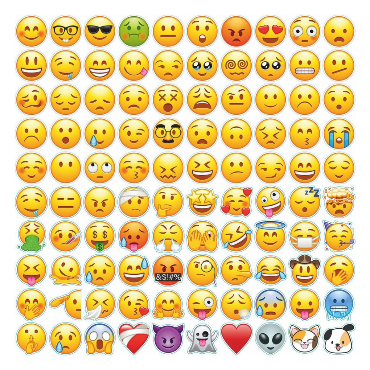 Grid showing 100 emoji and smiley face sticker designs