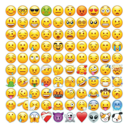 Grid showing 100 emoji and smiley face sticker designs