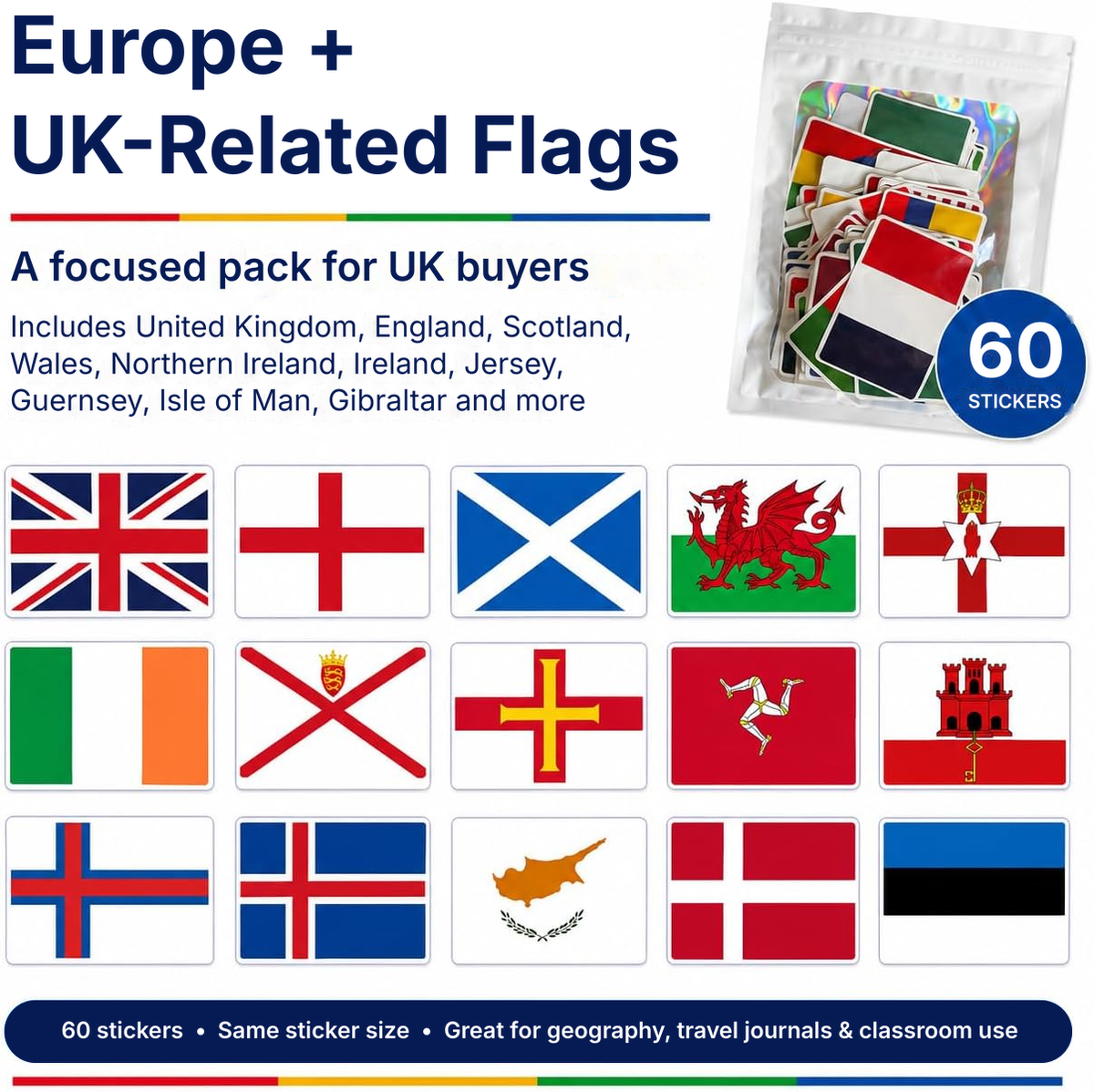Selection of European, UK home nation and territory flag stickers