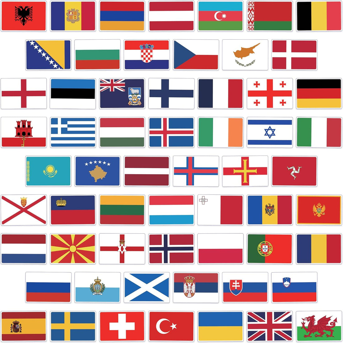 60 UK and European flag stickers arranged as individual die-cut flags
