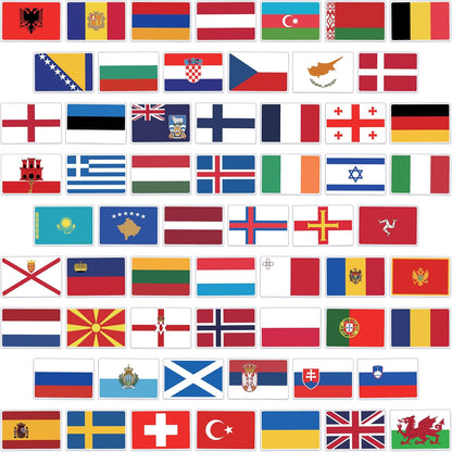 60 UK and European flag stickers arranged as individual die-cut flags