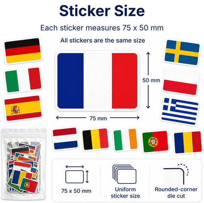 Size guide showing individual flag stickers measuring 75 x 50 mm