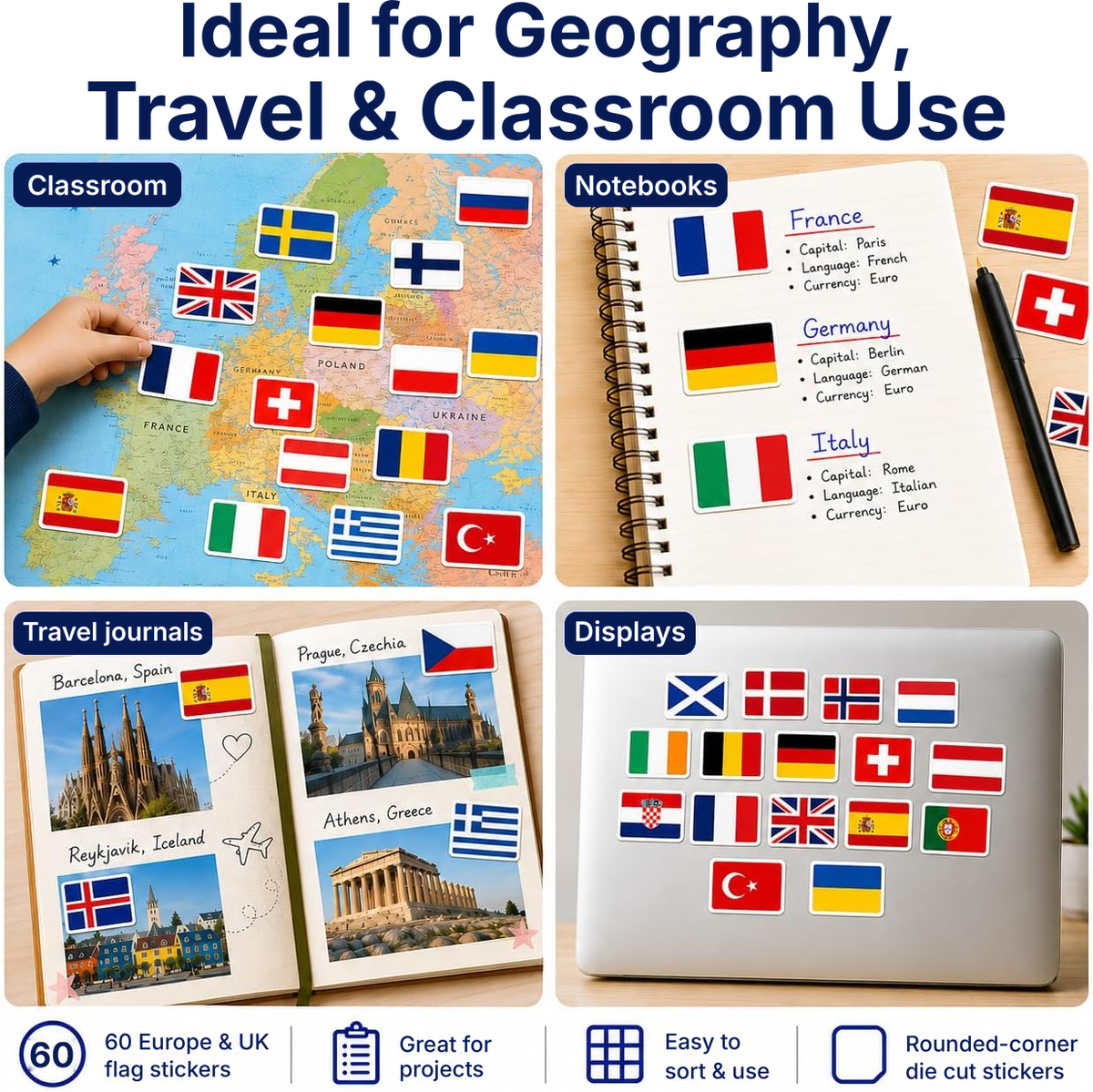 Flag stickers shown for geography, travel and classroom projects
