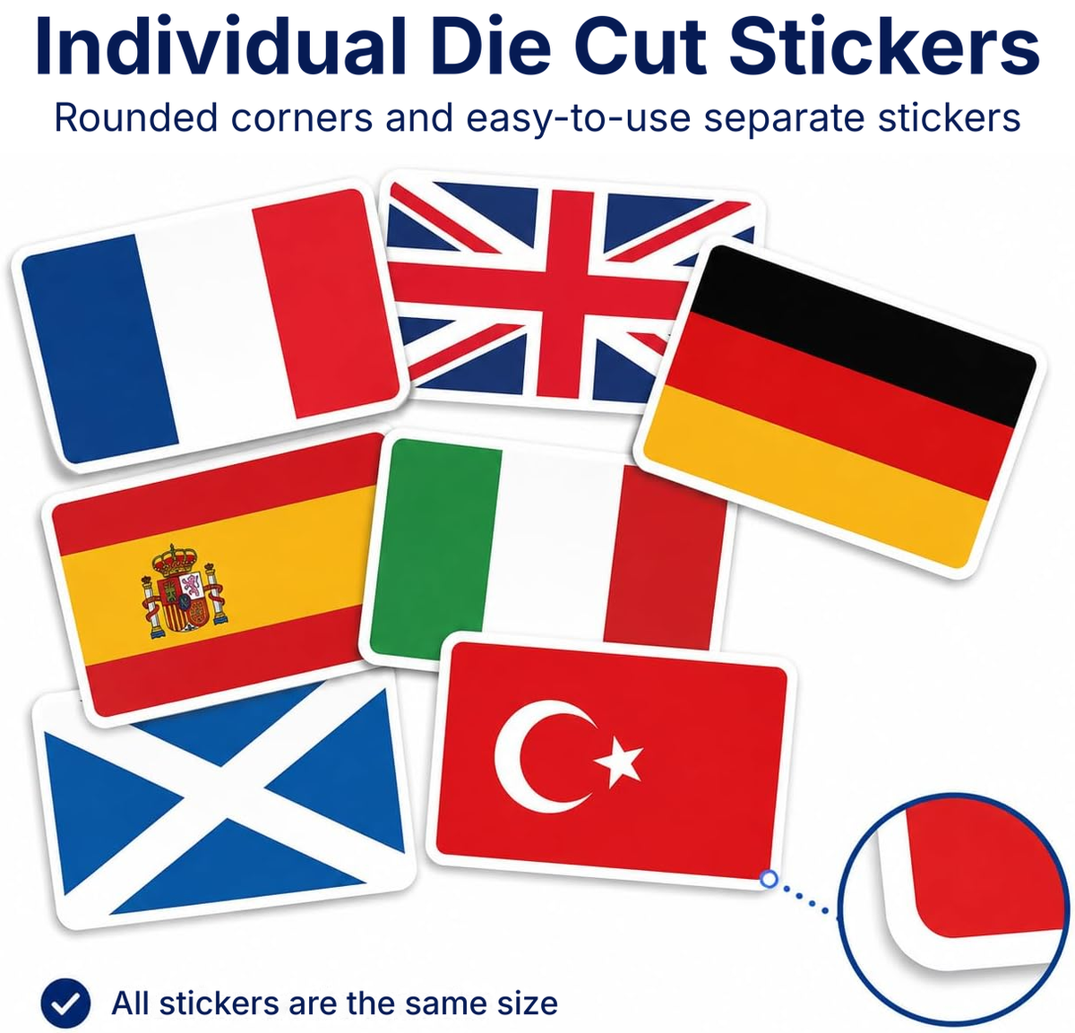 Individual die-cut UK and European flag stickers shown separately