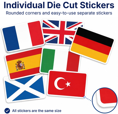 Individual die-cut UK and European flag stickers shown separately