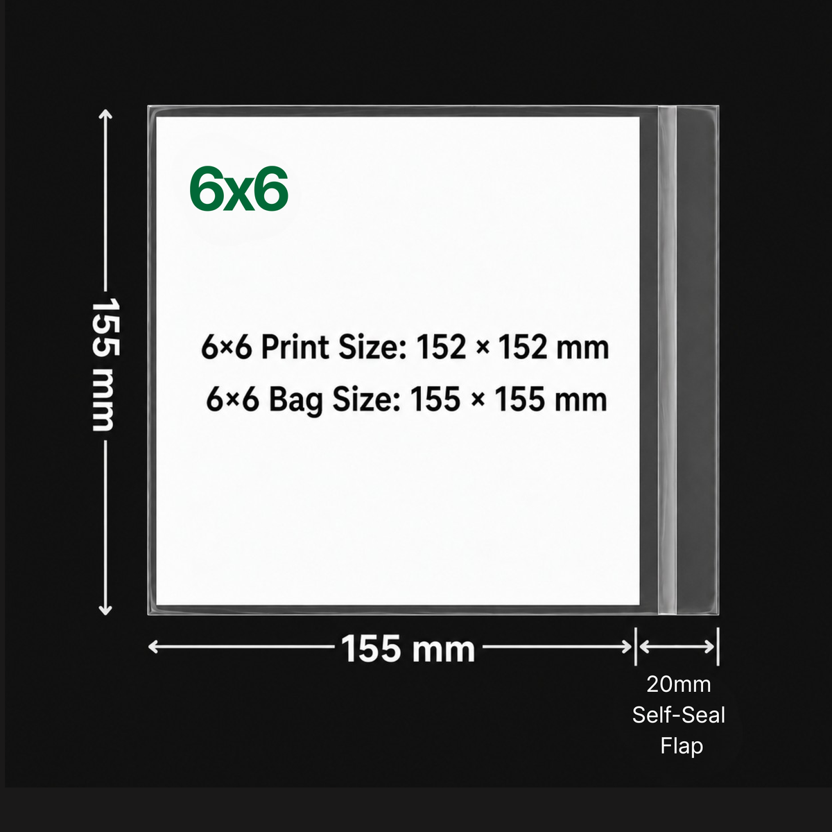 6x6 cello bag size and fit diagram showing 155 x 155 mm usable internal dimensions and 20 mm self-seal flap