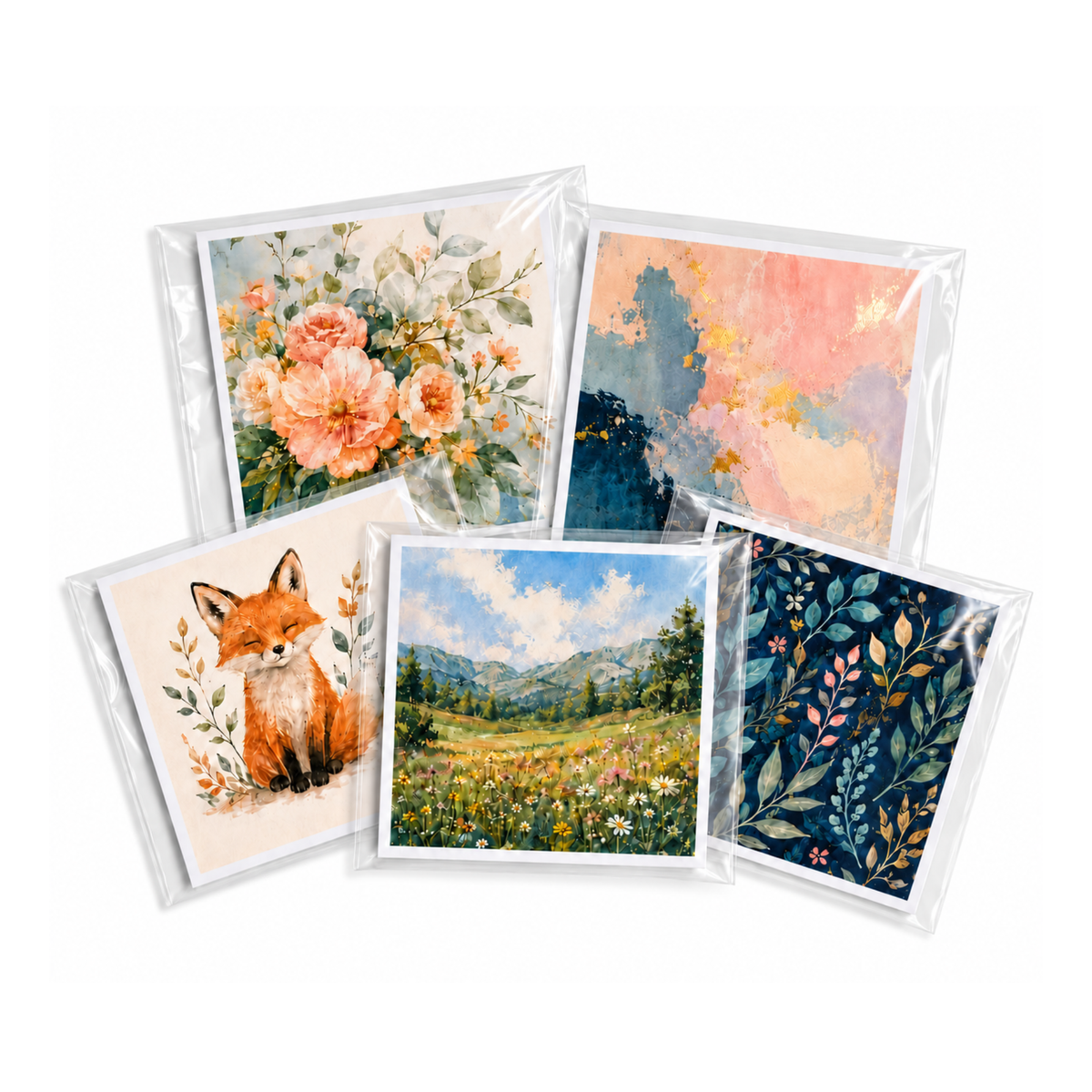 6x6 square cards and prints inside clear self-seal cello bags from CelloBag.co.uk