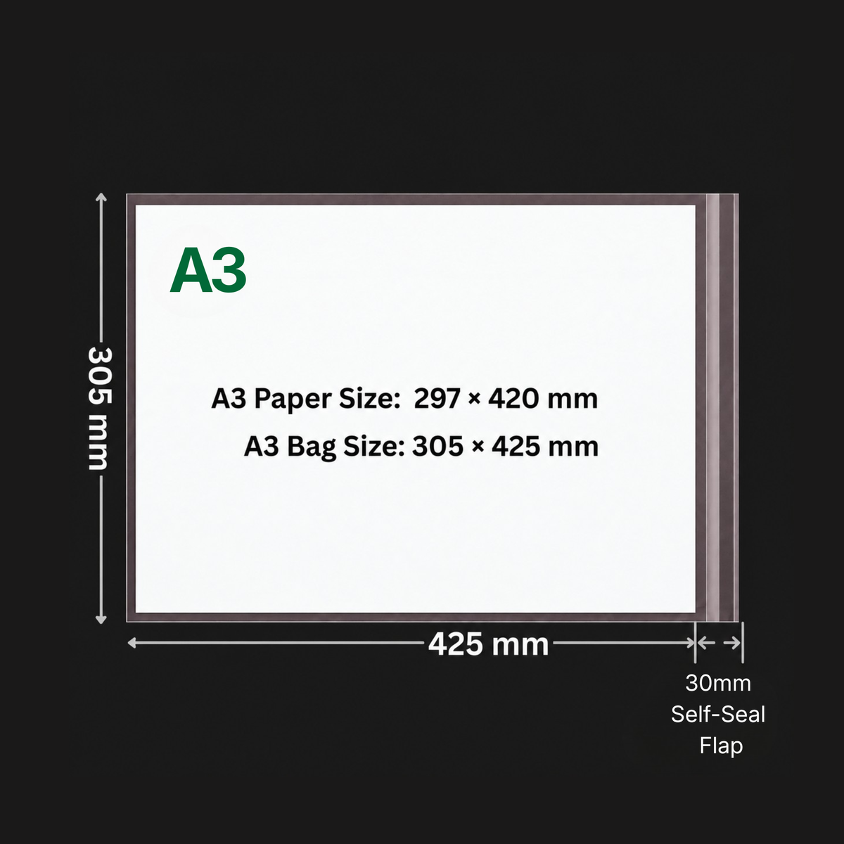 A3 cello bag size and fit diagram showing 305 x 425 mm usable internal dimensions and 30 mm self-seal flap
