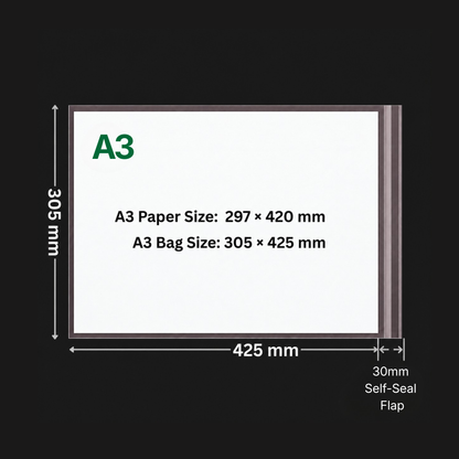 A3 cello bag size and fit diagram showing 305 x 425 mm usable internal dimensions and 30 mm self-seal flap