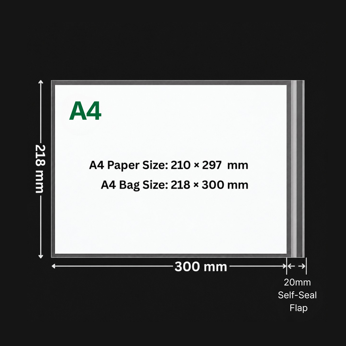 A4 cello bag size and fit diagram showing 218 x 300 mm usable internal dimensions and 20 mm self-seal flap