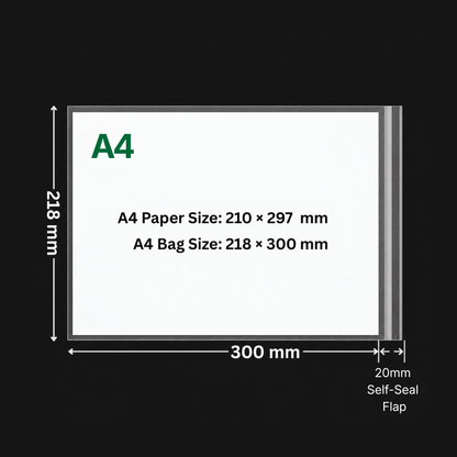 A4 cello bag size and fit diagram showing 218 x 300 mm usable internal dimensions and 20 mm self-seal flap