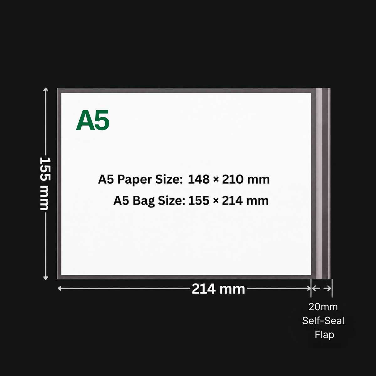 A5 cello bag size and fit diagram showing 155 x 214 mm usable internal dimensions and 20 mm self-seal flap