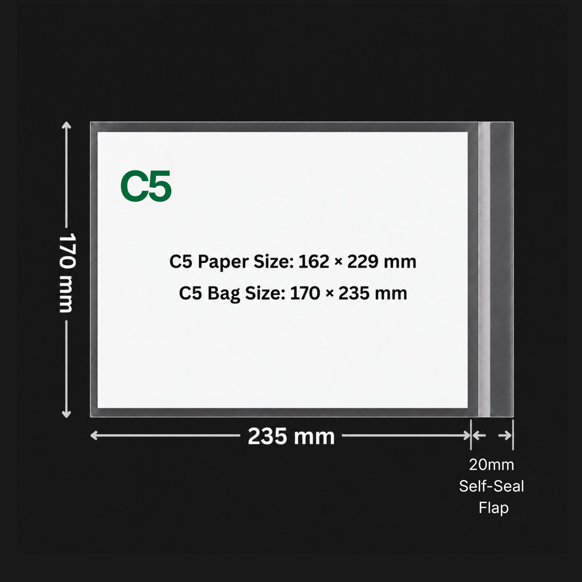 C5 cello bag size and fit diagram showing 170 x 235 mm usable internal dimensions and 20 mm self-seal flap