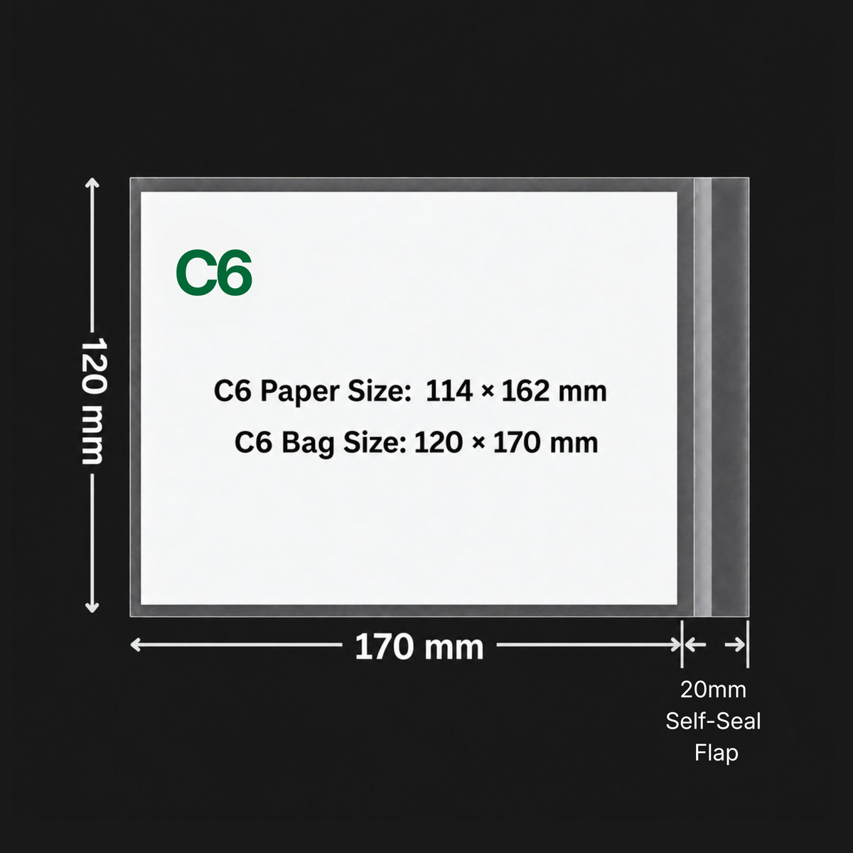 C6 cello bag size and fit diagram showing 120 x 170 mm usable internal dimensions and 20 mm self-seal flap