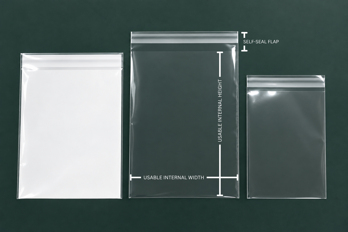 CelloBag.co.uk cello bag size guide showing usable internal width, height and self-seal flap