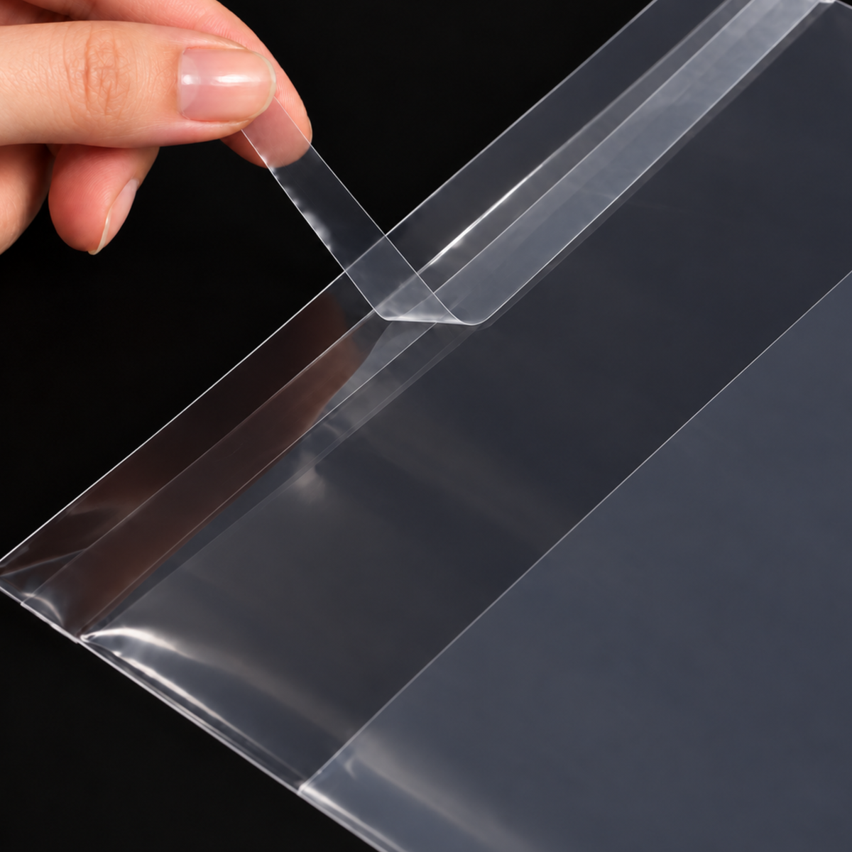 Clear cello bag self-seal closure showing the peel-and-seal adhesive flap